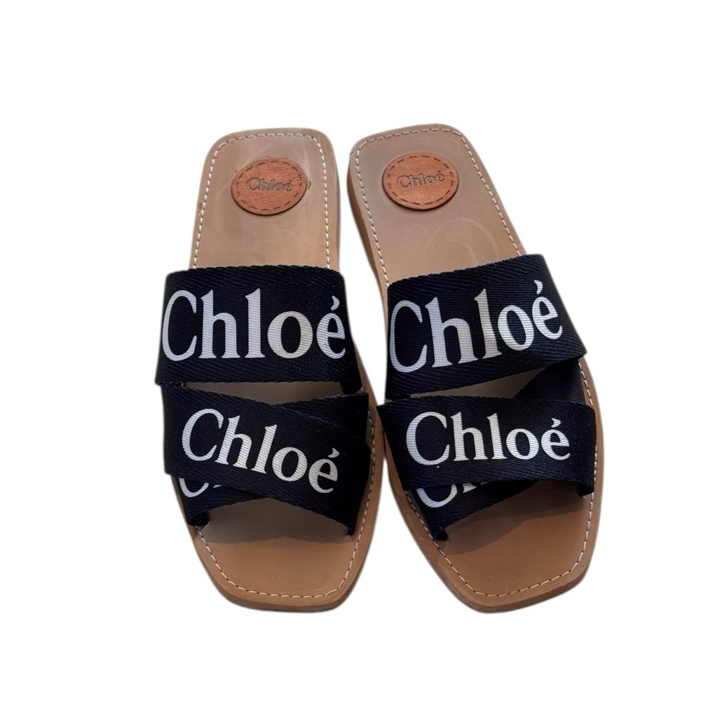 CHLOE WOODY slides Black Canvas + White Logo Print Size 40